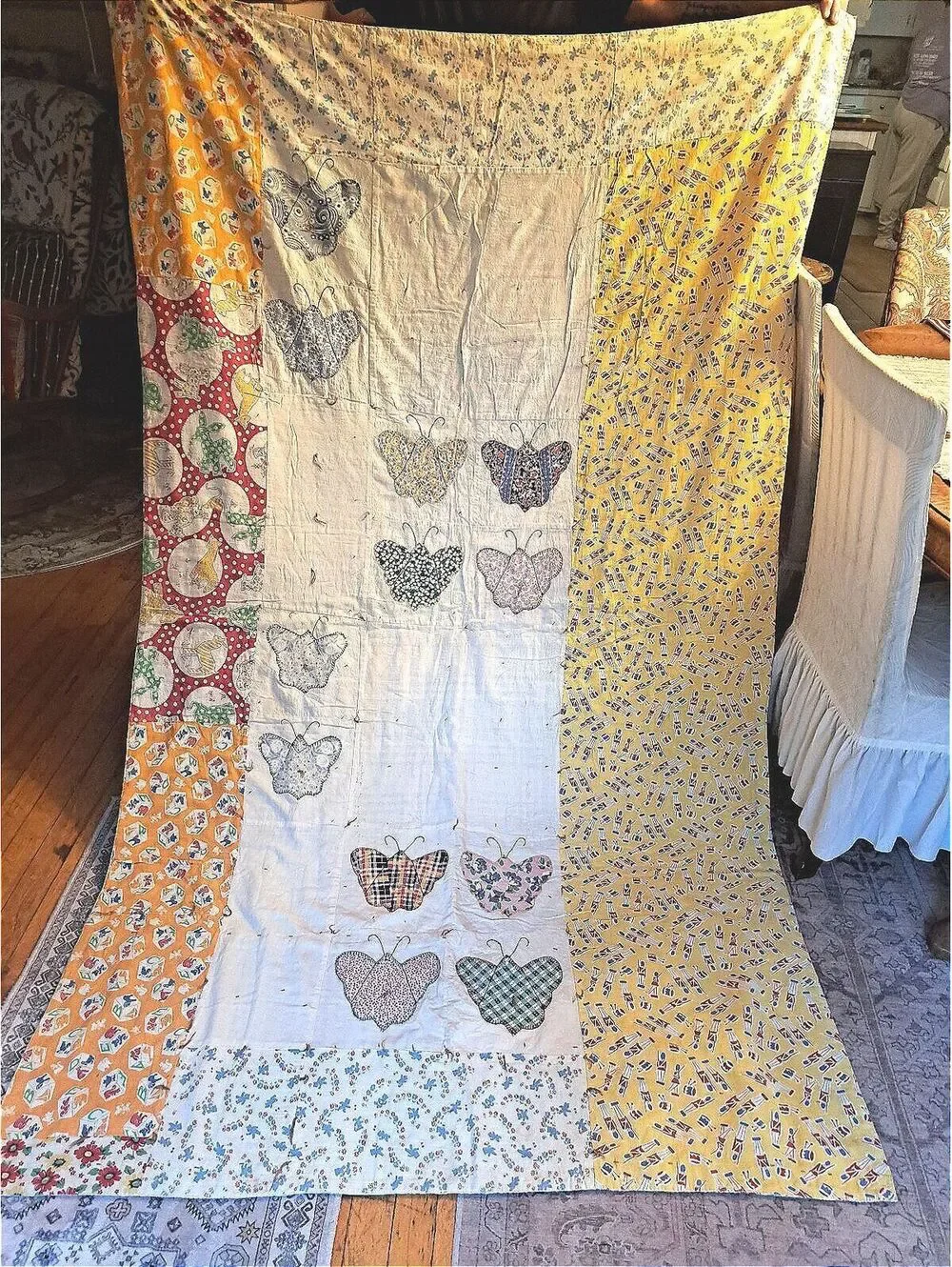 Vintage Handmade Butterfly Applique and Embroidery Feed-Sack Quilt 54